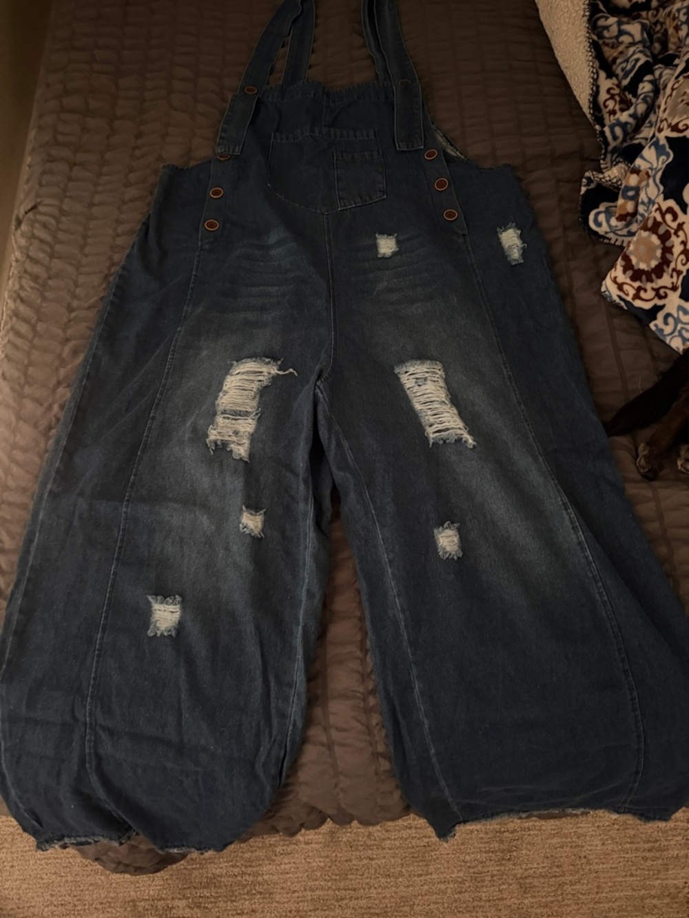 Distressed Dark Denim Overalls - Wide Leg